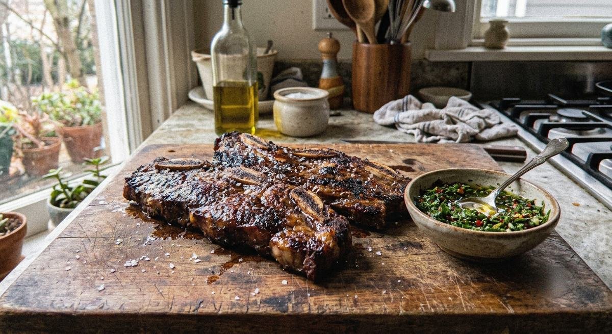 Asado de tira dorado y jugoso hecho en freidora de aire, servido en tabla de madera con chimichurri