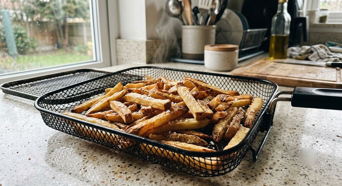 Papas fritas doradas y crujientes con sal gruesa en la cesta de la freidora de aire