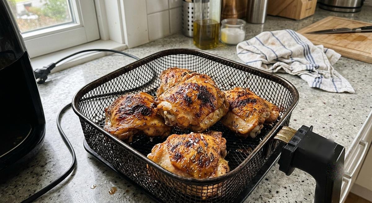 Presas de pollo doradas y crujientes en la cesta de la freidora de aire